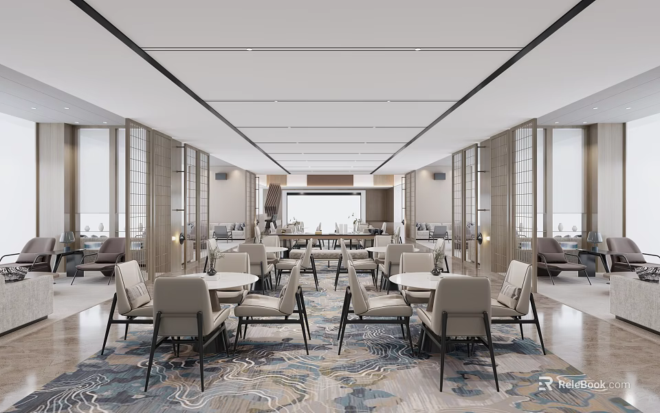 Modern Lounge Area Interior Design With Tables Chairs Patterned Rug And Lighting 3d model