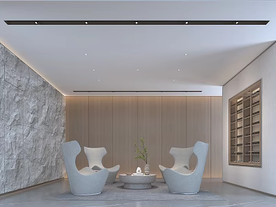Casual Lounge Interior with Gray Armchairs Round Table Green Plant Wooden Accent Wall Recessed Lighting 3d model