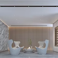 Casual Lounge Interior with Gray Armchairs Round Table Green Plant Wooden Accent Wall Recessed Lighting