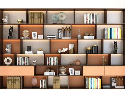Modern Stylish Bookshelf Interior With Books Decorative Ornaments Layered Shelves And Lighting 3d model