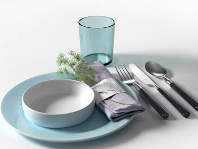 Elegant Dinnerware Set With Blue Plate White Bowl Purple Napkin Light Blue Glass And Cutlery 3d model