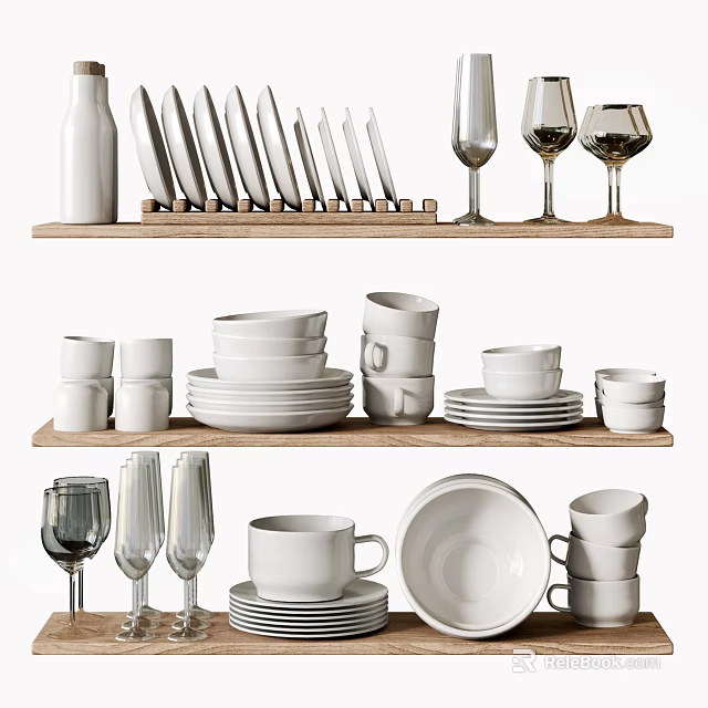 Stylish Dinnerware Set with Cups Plates Knives Glasses on Wooden Shelves 3d model 