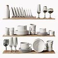 Stylish Dinnerware Set with Cups Plates Knives Glasses on Wooden Shelves