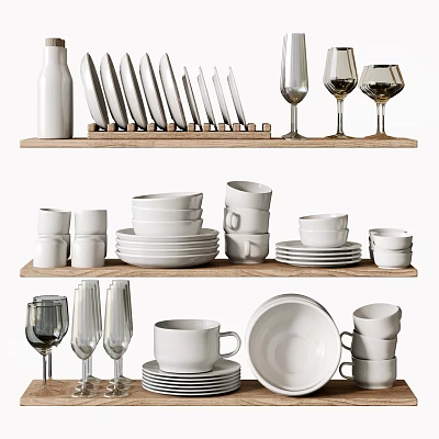 Stylish Dinnerware Set with Cups Plates Knives Glasses on Wooden Shelves 3d model