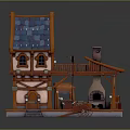 Traditional Village Cottage Building With Red Roof Blue Tiles Balcony Chimney Oven And Wooden Cart