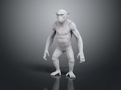 White Monkey Sculpture 3D Modeled With Muscular Build Standing Pose Detailed Carving 3d model