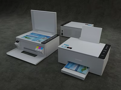 Office Appliances Printers With Open Lids And Paper Output Trays Displayed 3d model
