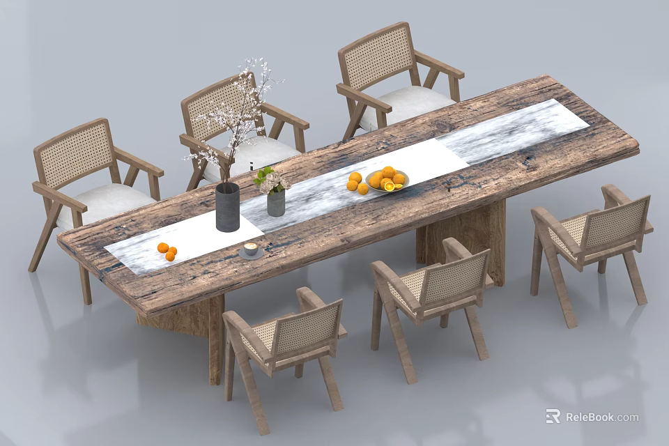 Wooden Dining Table Set With Marble Tabletop And Six Rattan Chairs With Vase And Fruits 3d model 