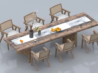 Wooden Dining Table Set With Marble Tabletop And Six Rattan Chairs With Vase And Fruits 3d model