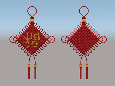 Traditional Red Chinese Knot Pendant With Fortune Character And Golden Tassels 3d model