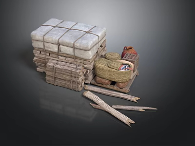 Rustic Stacked Packages With Wooden Crates Clay Pots And Logs On Dark Surface 3d model