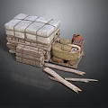 Rustic Stacked Packages With Wooden Crates Clay Pots And Logs On Dark Surface