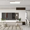 Modern Living and Dining Room Interior With TV Feature Wall Dining Table And Green Plants