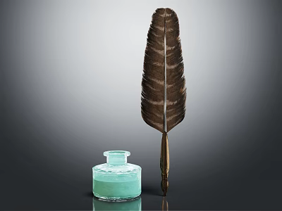 Vintage Quill Pen With Brown Feather And Light Green Ink Bottle Placed On Dark Surface 3d model