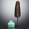 Vintage Quill Pen With Brown Feather And Light Green Ink Bottle Placed On Dark Surface