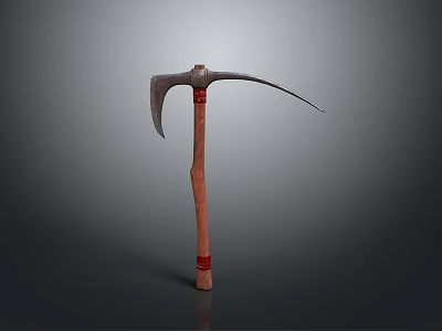 Ancient Battle Weapon With Wooden Handle Curved Metal Blade And Red Straps 3d model