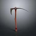 Ancient Battle Weapon With Wooden Handle Curved Metal Blade And Red Straps