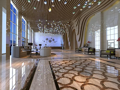 Modern Hotel Lobby Design With Chandeliers Marble Flooring And Large Windows 3d model