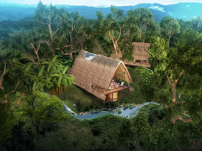 Rustic Wooden House With Thatched Roof Amidst Forest And Stream In Natural Surroundings 3d model