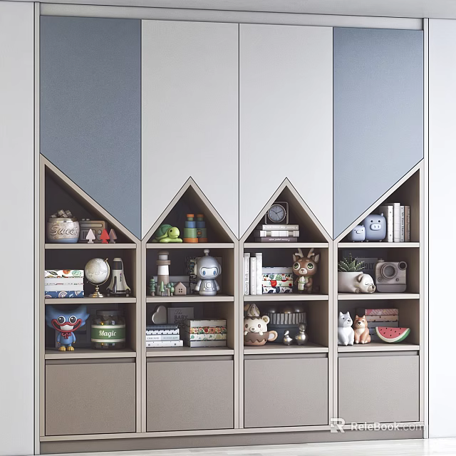 Modern Wardrobe Design With Geometric Compartments And Decorative Items Inside 3d model 
