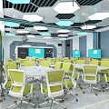 School Modern Classroom With Green Chairs White Tables Wall Screens And Ceiling Lights