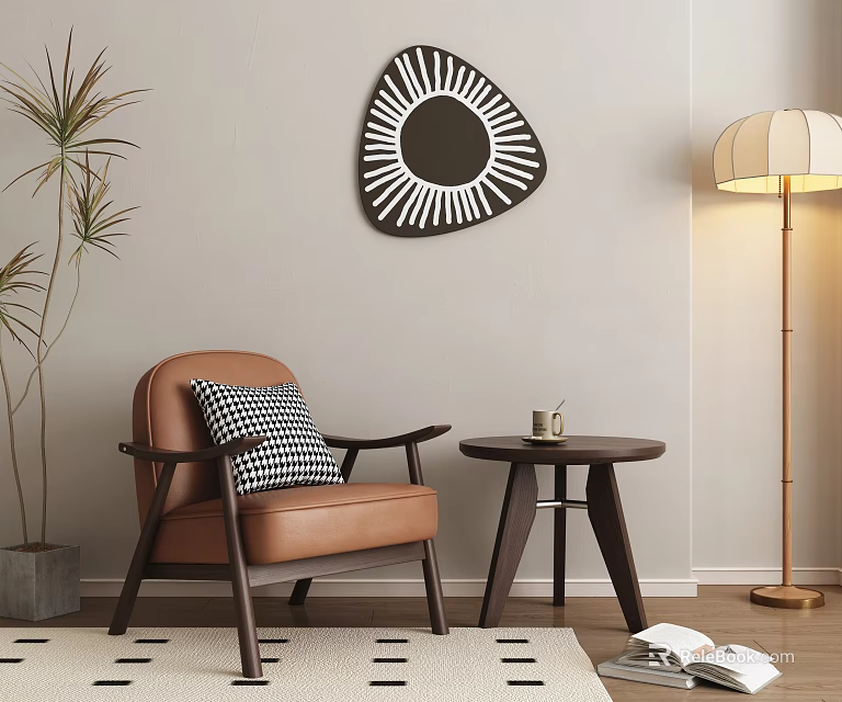 Modern Brown Leather Armchair With Side Table Sun Pattern Wall Decor And Floor Lamp 3d model 