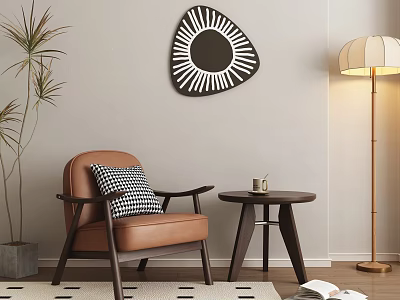 Modern Brown Leather Armchair With Side Table Sun Pattern Wall Decor And Floor Lamp 3d model