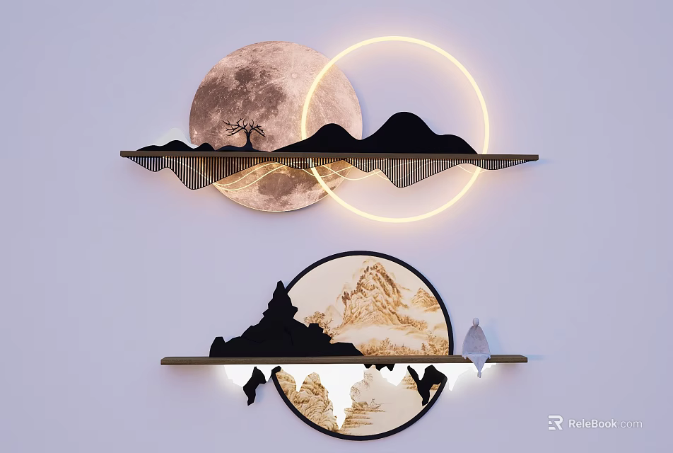 Modern Wall Lamp With Moon Mountain Silhouette Illuminated Ring And Tree Design 3d model 
