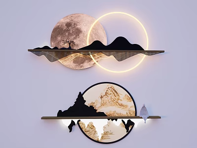 Modern Wall Lamp With Moon Mountain Silhouette Illuminated Ring And Tree Design 3d model