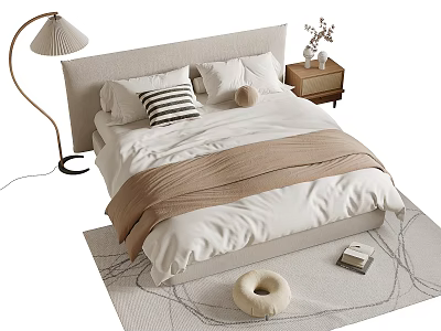 Cozy Double Bed With Striped Pillows Neutral Blanket Bedside Table Vase Floor Lamp And Rug 3d model