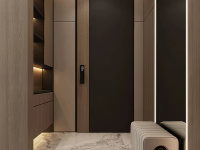 Modern Entryway Hallway With Wooden Panels Black Door Recessed Lighting And Marble Flooring 3d model
