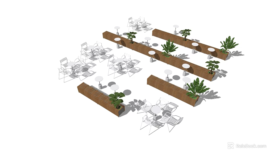 White Outdoor Table And Chair Set With Wooden Dividers And Green Plants 3d model 