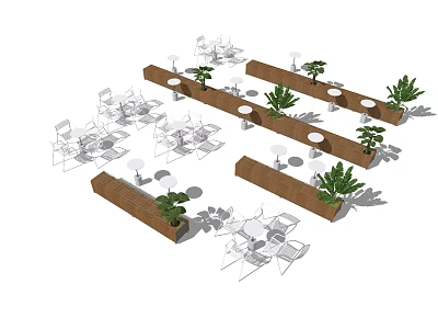 White Outdoor Table And Chair Set With Wooden Dividers And Green Plants 3d model