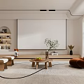 Modern Living Room Interior With Large Screen Light Gray Sofa Stools Rug And Green Plants