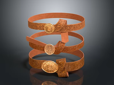 Brown Leather Belts With Intricate Embossed Patterns And Round Decorative Buckles 3d model