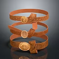 Brown Leather Belts With Intricate Embossed Patterns And Round Decorative Buckles