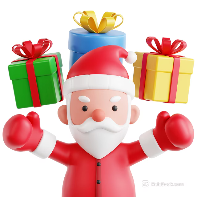 Festive Christmas Decorative Ornament Set with Santa Figurine Colorful Gift Boxes Red Bows 3d model 