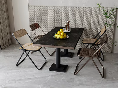 Modern Dining Table Set With Black Tabletop Four Woven Chairs And Yellow Fruits Bowl 3d model