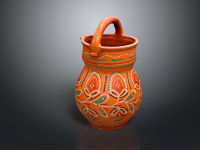 Handcrafted Orange Terracotta Vase With Handle And Floral Decorative Patterns 3d model