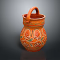 Handcrafted Orange Terracotta Vase With Handle And Floral Decorative Patterns 3d model
