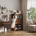 Warm Study Room Interior Featuring Writing Desk Bookshelf Decorative Paintings And Armchair