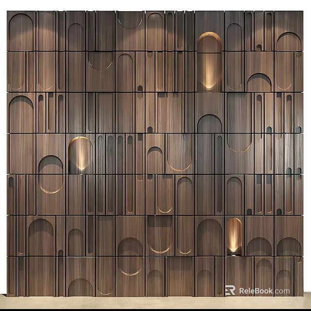 Wooden Decorative Wall With Geometric Shapes And Lighting 3d model 