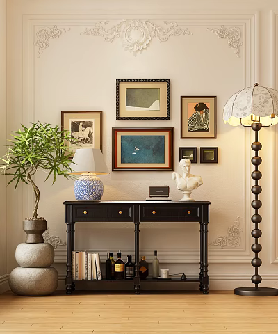 Decorative Console Table With Framed Artworks Potted Plant And Table Lamp In Interior Design 3d model