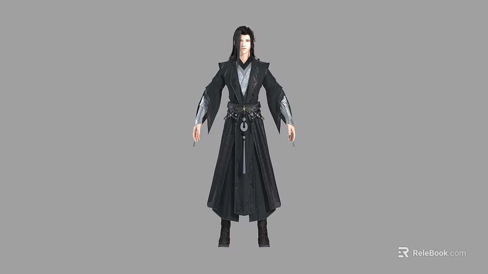 Man Wearing Traditional Black Robe With Belt And Long Dark Hair Standing Against Gray Background 3d model 