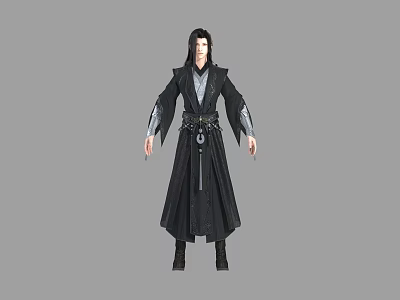 Man Wearing Traditional Black Robe With Belt And Long Dark Hair Standing Against Gray Background 3d model