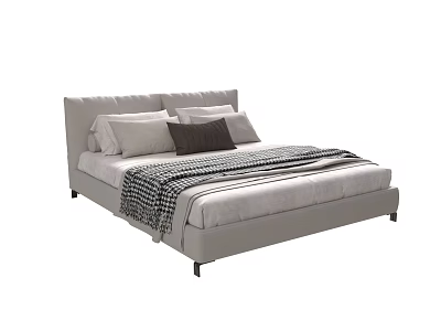 Modern Light Gray Double Bed With Upholstered Headboard And Pillows Plaid Blanket 3d model