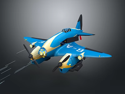 Blue and Yellow Airplane in Flight with Propellers Wing Design and Number Markings 3d model