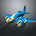Blue and Yellow Airplane in Flight with Propellers Wing Design and Number Markings