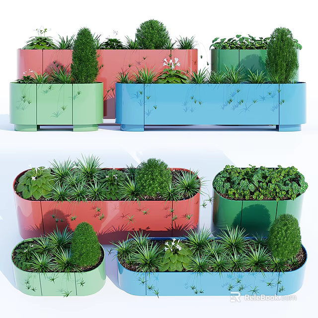 Colorful Bonsai Potted Plants In Red Green Blue Decorative Pots With Various Greenery 3d model 