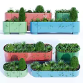Colorful Bonsai Potted Plants In Red Green Blue Decorative Pots With Various Greenery